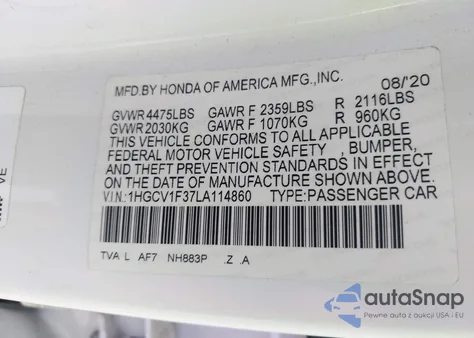 2020 Honda Accord Sport из США, поврежденный, VIN 1HGCV1F37LA114860